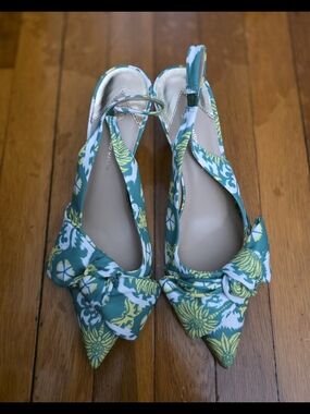 ANTONIO MELANI Green Floral Bow Pointed Slingback Heels
